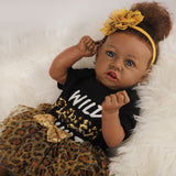 Reborn Baby-Black Skin, Curly Hair, Black Leopard Print Skirt