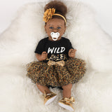 Reborn Baby-Black Skin, Curly Hair, Black Leopard Print Skirt