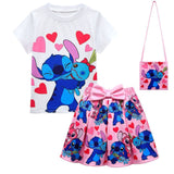Conjunto infantil de blusa + saia + bolsa de desenho animado
