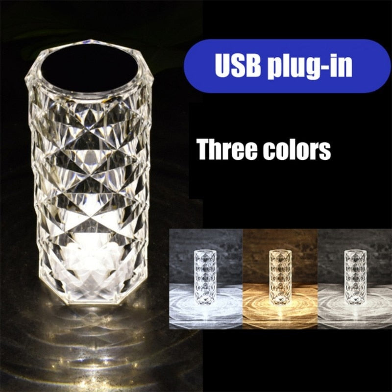 3 Colors TouchRemote Diamond Rose Lamp Crystal Table Romantic Christmas USB LED Night Light Projector Atmosphere Rechargeable