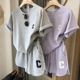 C-letter Embroidery Fashion Casual Set Women's 2023 Summer New Off Shoulder Short Sleeve Wide Leg Pants Sports Two Piece Set